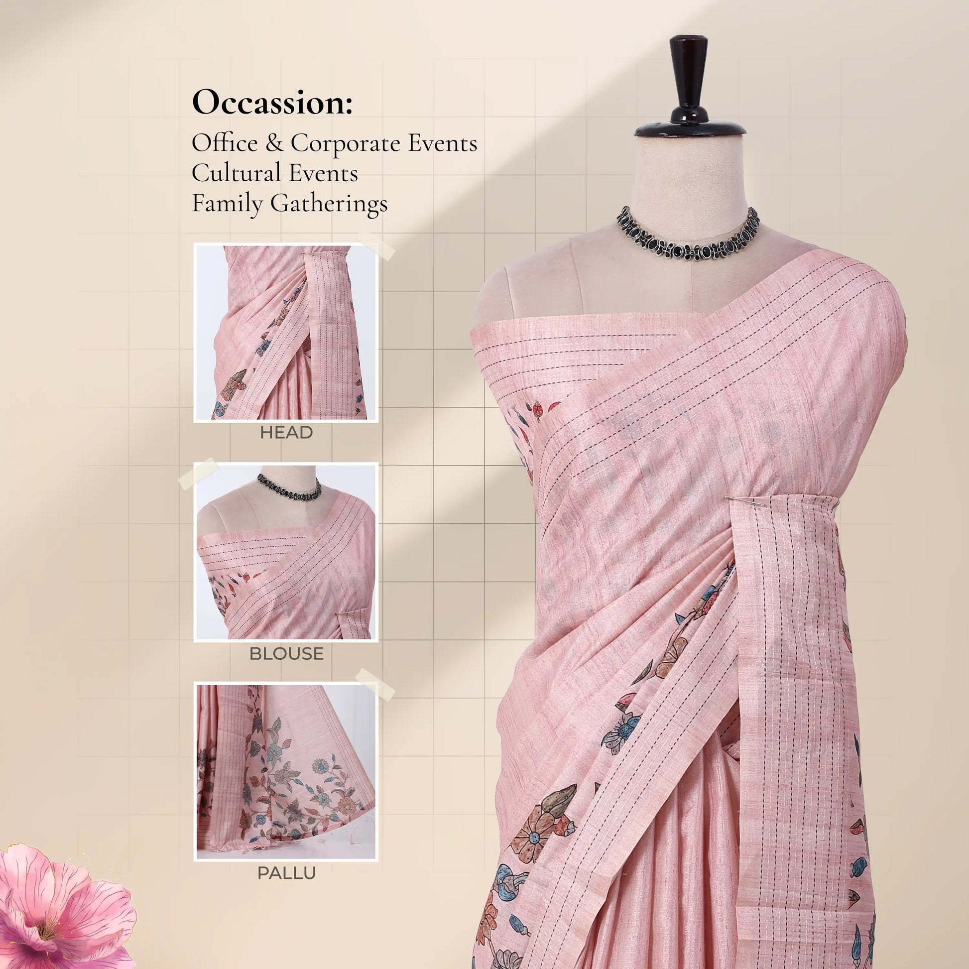 A pink striped saree with butterfly and floral prints with head, blouse, and pallu details.