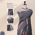 A dark gray and pink saree with inset views of the blouse, pallu, and head drape. 