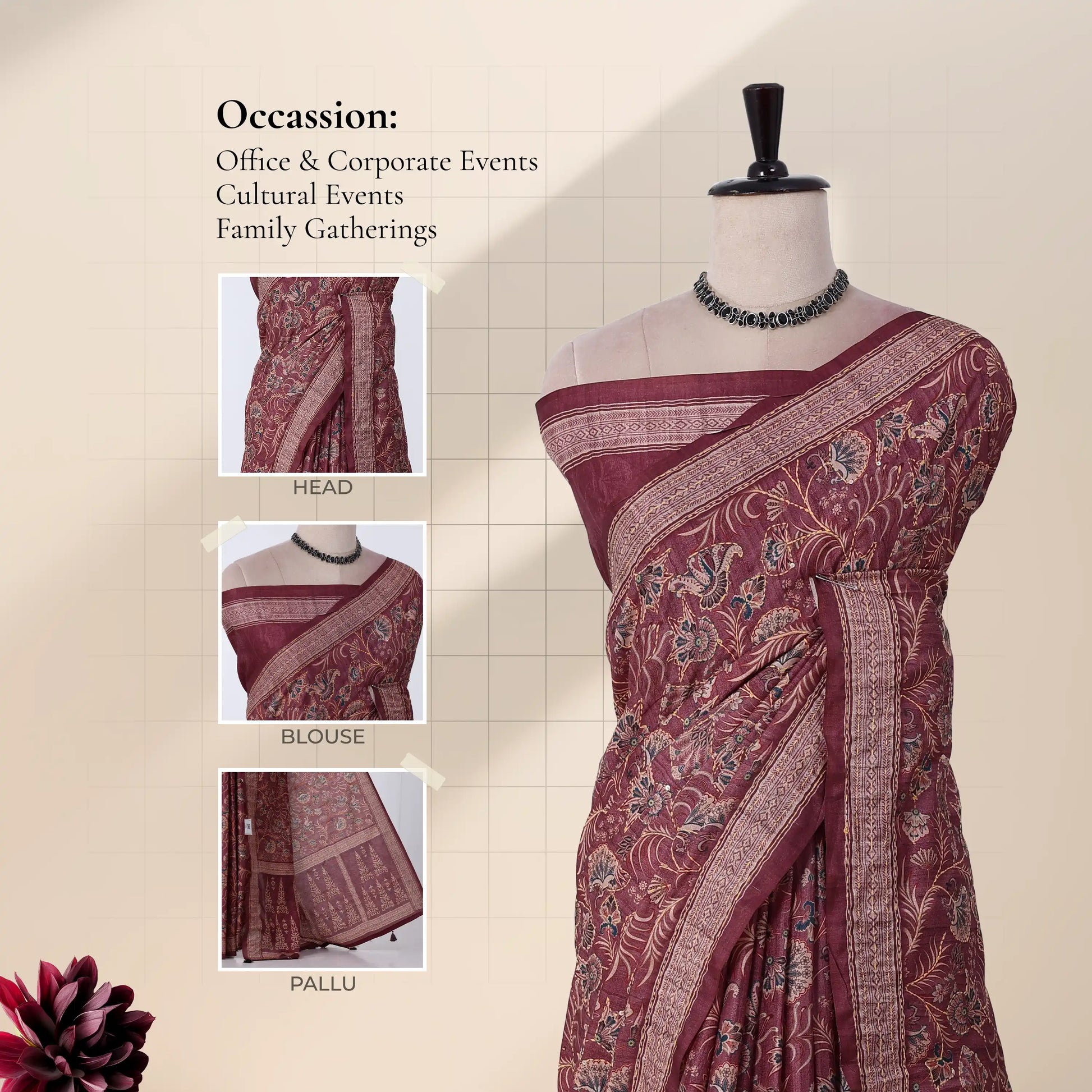 A onion pink saree with intricate floral patterns and a silver border with detail of head, blouse, and pallu.