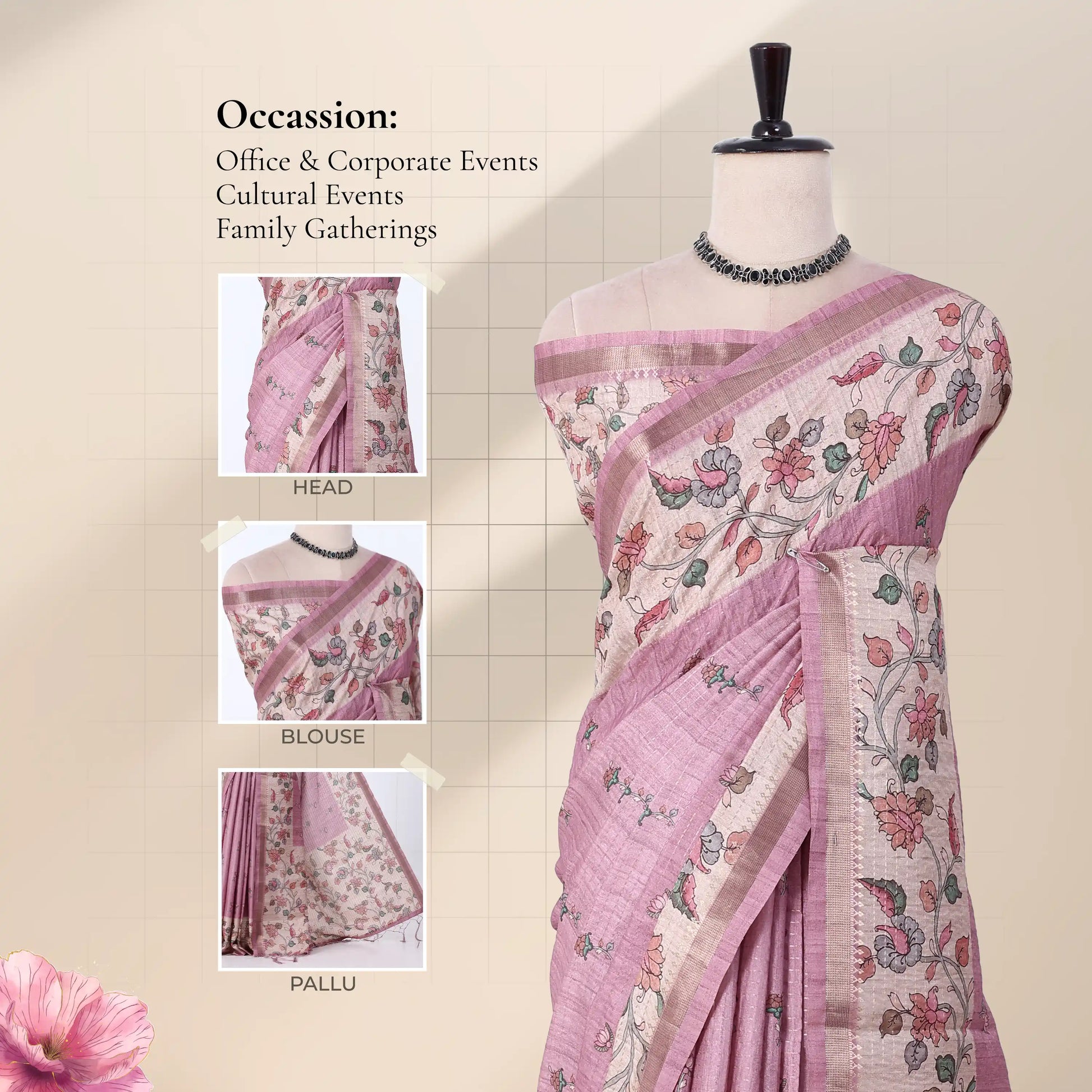 A pink and beige floral printed saree with inset close-up views of the head, blouse, and pallu
