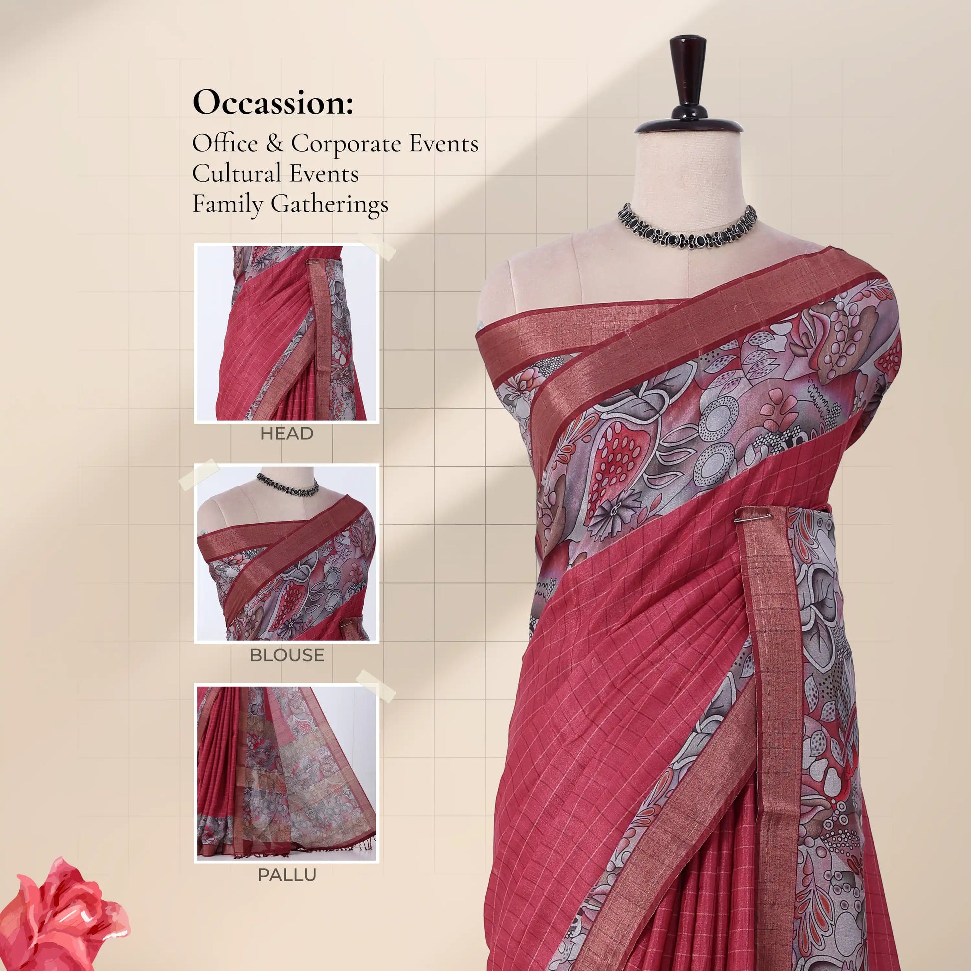 A red and gray patterned saree  with inset images showing the head, blouse, and pallu details.