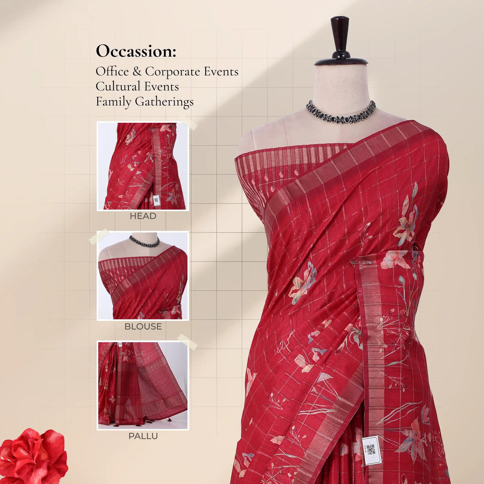 A red floral sareewith a matching blouse, shown views of the head, blouse, and pallu. 