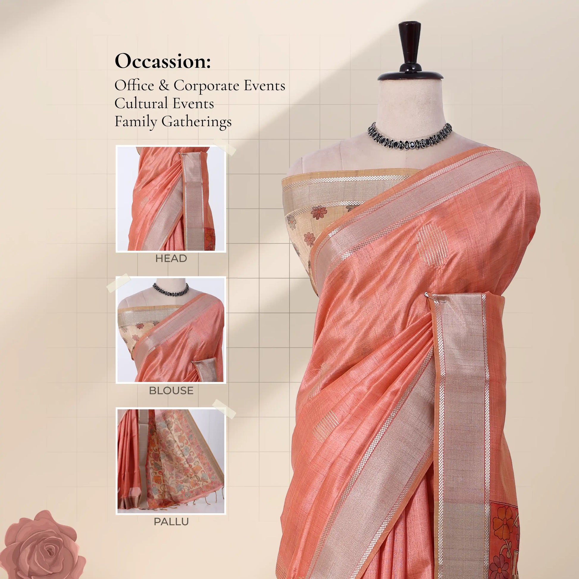 A peach-pink tussar saree with a wide metallic gold border and a floral printed blouse with a detail of 'HEAD', 'BLOUSE', and 'PALLU'