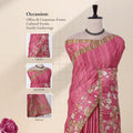 A pink floral saree with gold zari embroidery and a striped border, with detail of  head, blouse, and pallu