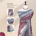 A printed purple tusser saree with inset views showing the head, blouse, and pallu.