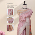 A pink tussar saree with a beige and gold zari border and floral prints with detail of head, blouse, and pallu