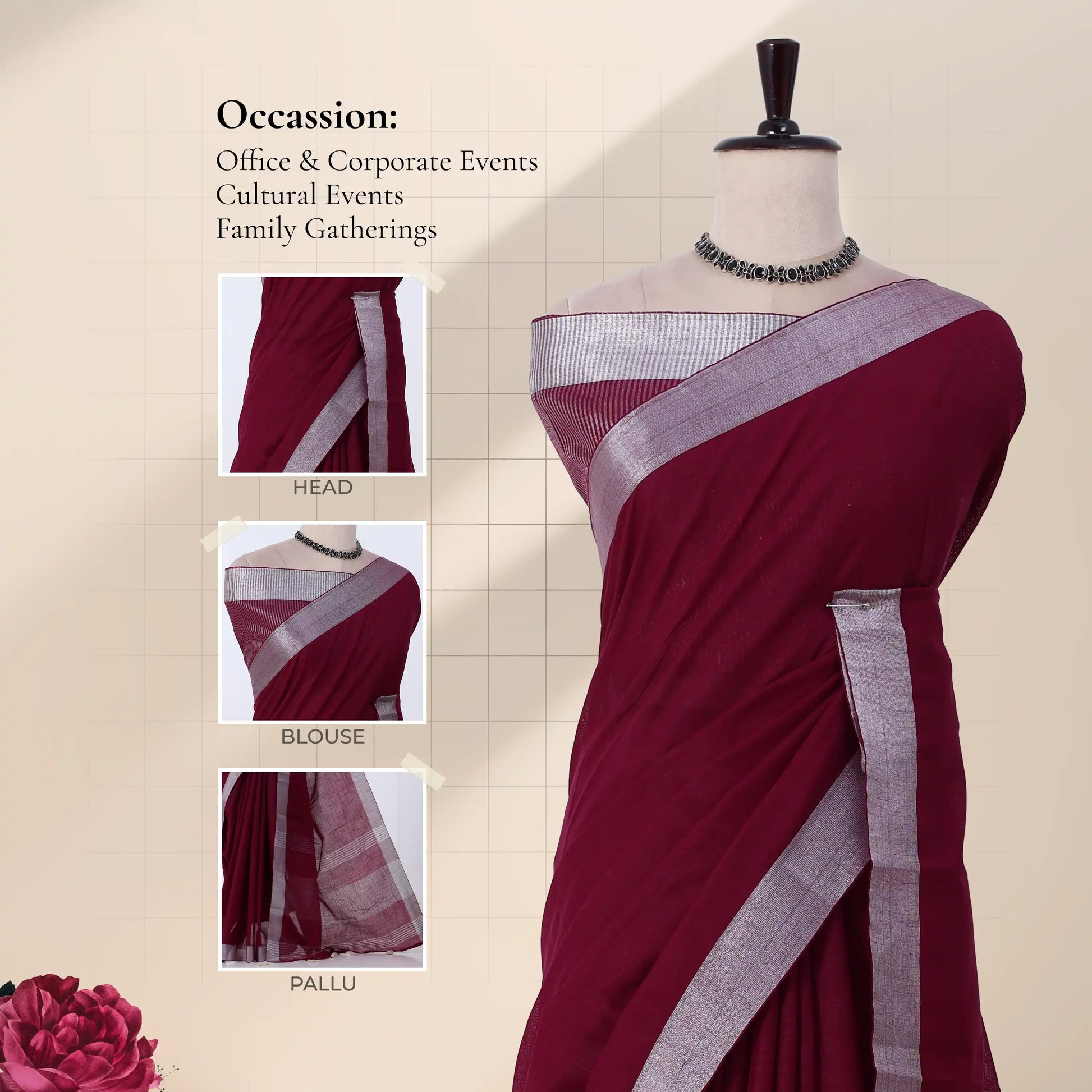A deep maroon saree with a silver metallic border with detail of  head, blouse, and pallu details.