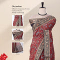 A red and black printed saree with inset views of blouse, head drape, and pallu. 