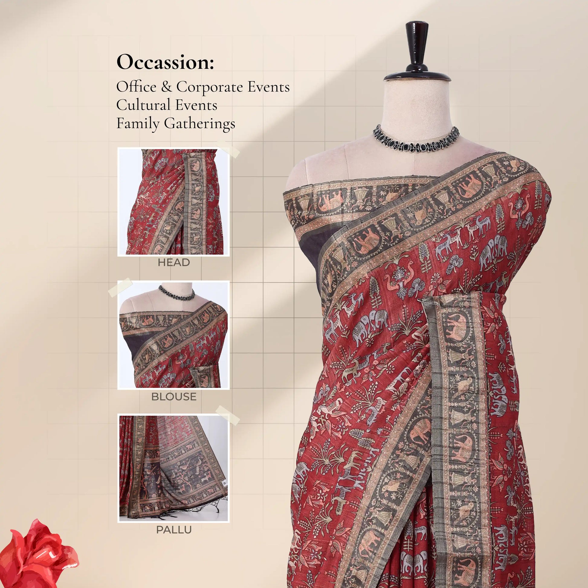 A red and black printed saree with inset views of blouse, head drape, and pallu. 