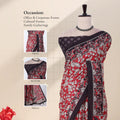 A red and black printed saree with detail of the head, blouse, and pallu