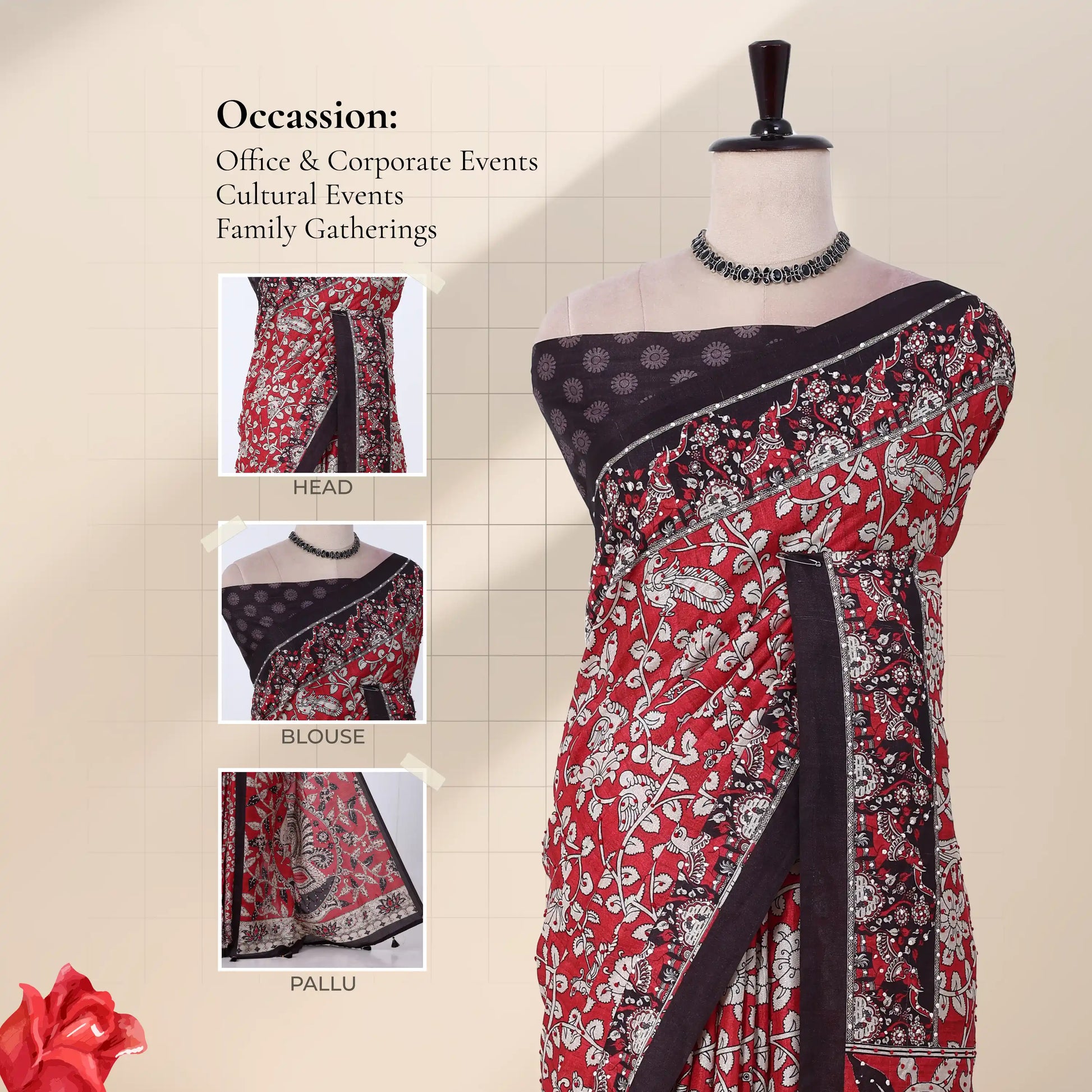 A red and black printed saree with detail of the head, blouse, and pallu