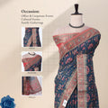 A blue and light red printed saree with inset views of blouse, head drape, and pallu. 