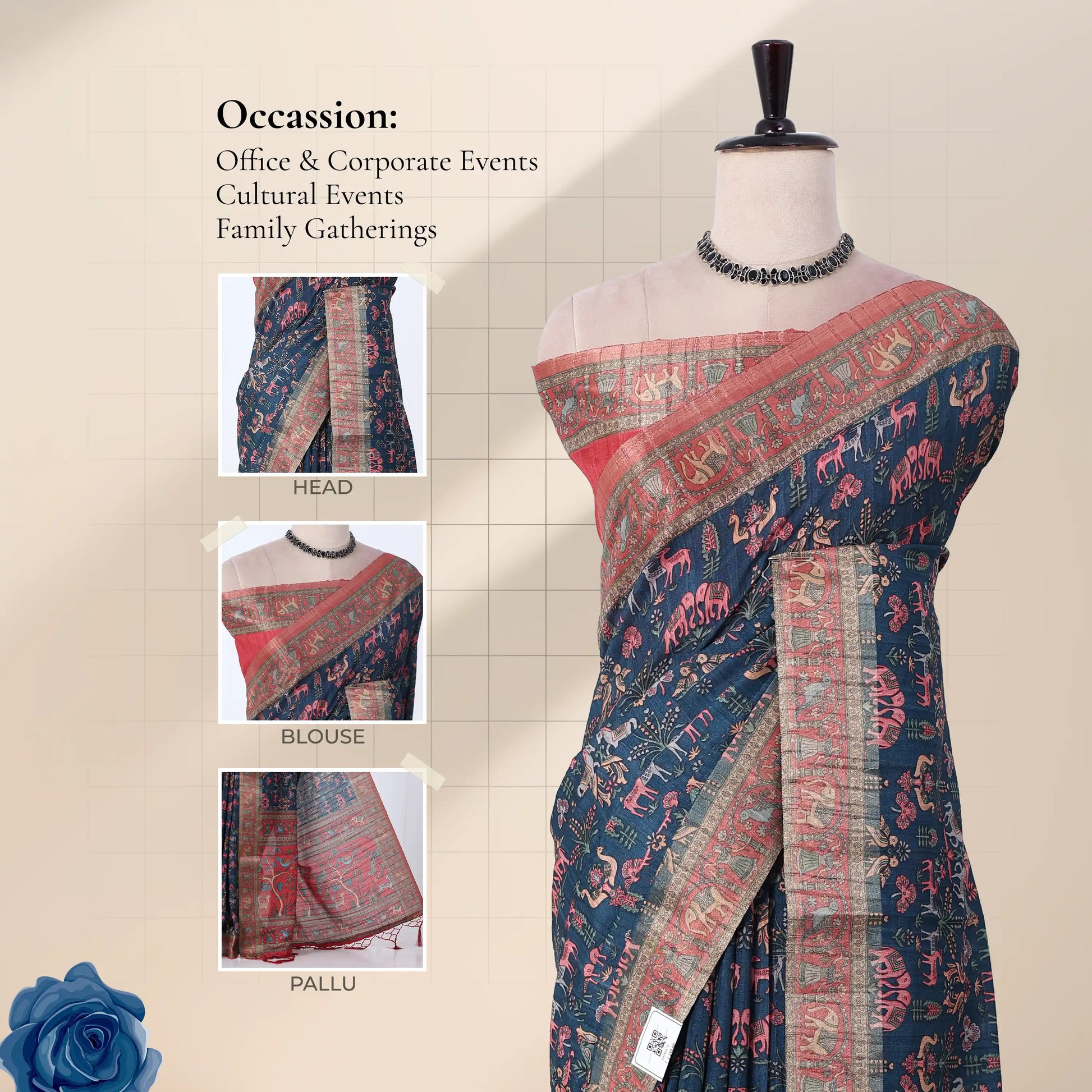 A blue and light red printed saree with inset views of blouse, head drape, and pallu. 