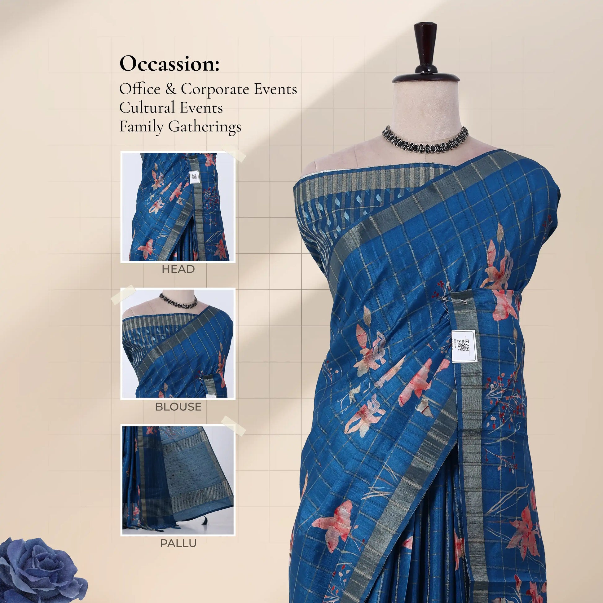Blue floral printed saree  with a matching blouse, shown detail of the head, blouse, and pallu. 