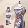 A printed brown tusser saree with inset views showing the head, blouse, and pallu.