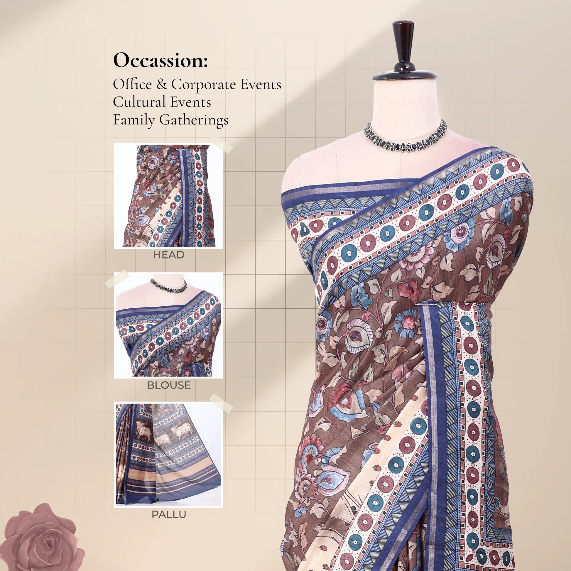 A printed brown tusser saree with inset views showing the head, blouse, and pallu.