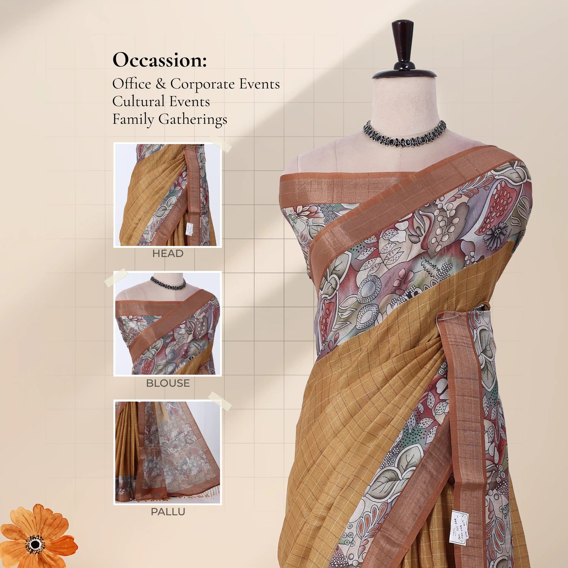 A printed saree  with inset close-ups labeled head, blouse, and pallu. The saree has a warm tan base with a multicolor floral and paisley print 