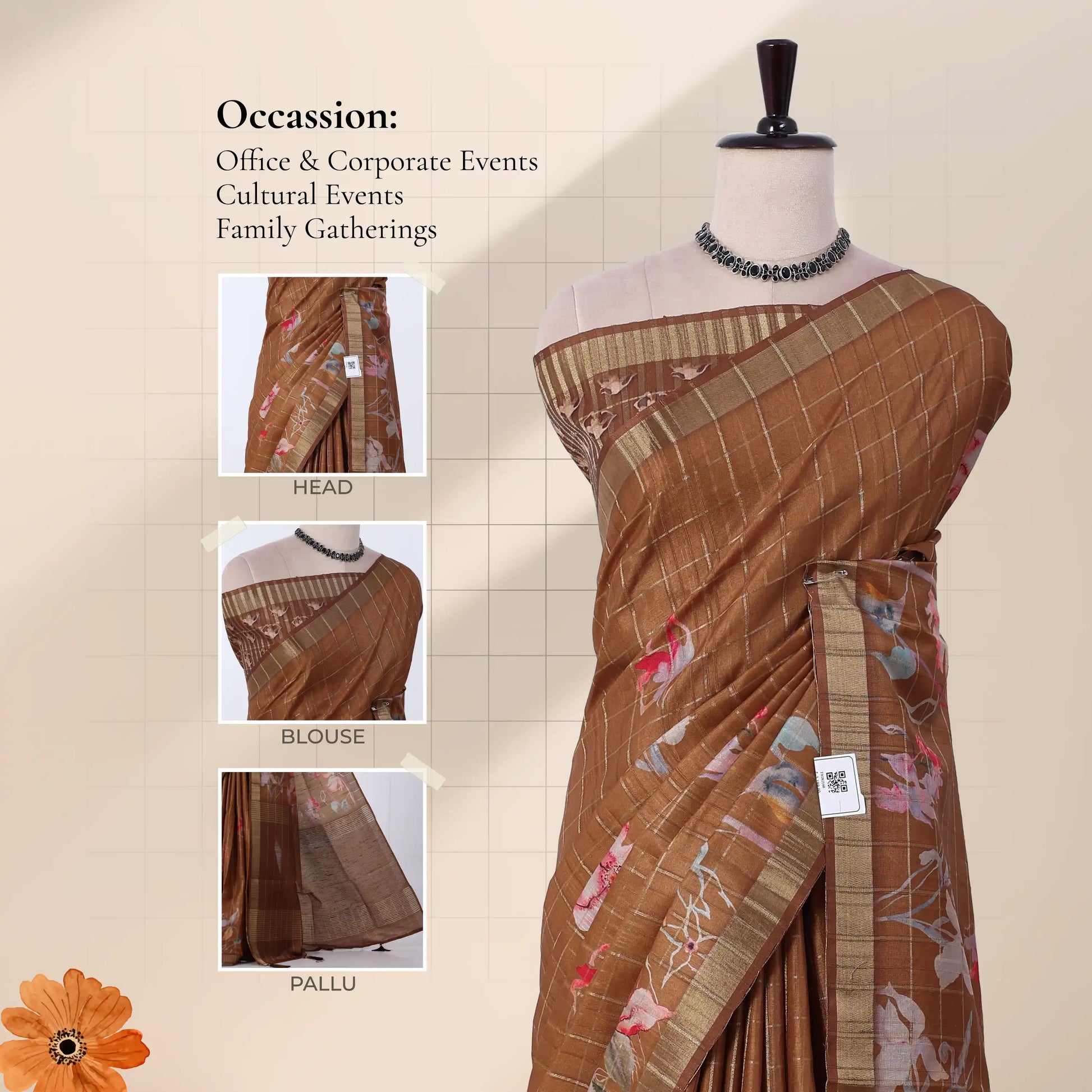 A brown patterned saree  with detail of the head, blouse, and pallu. 