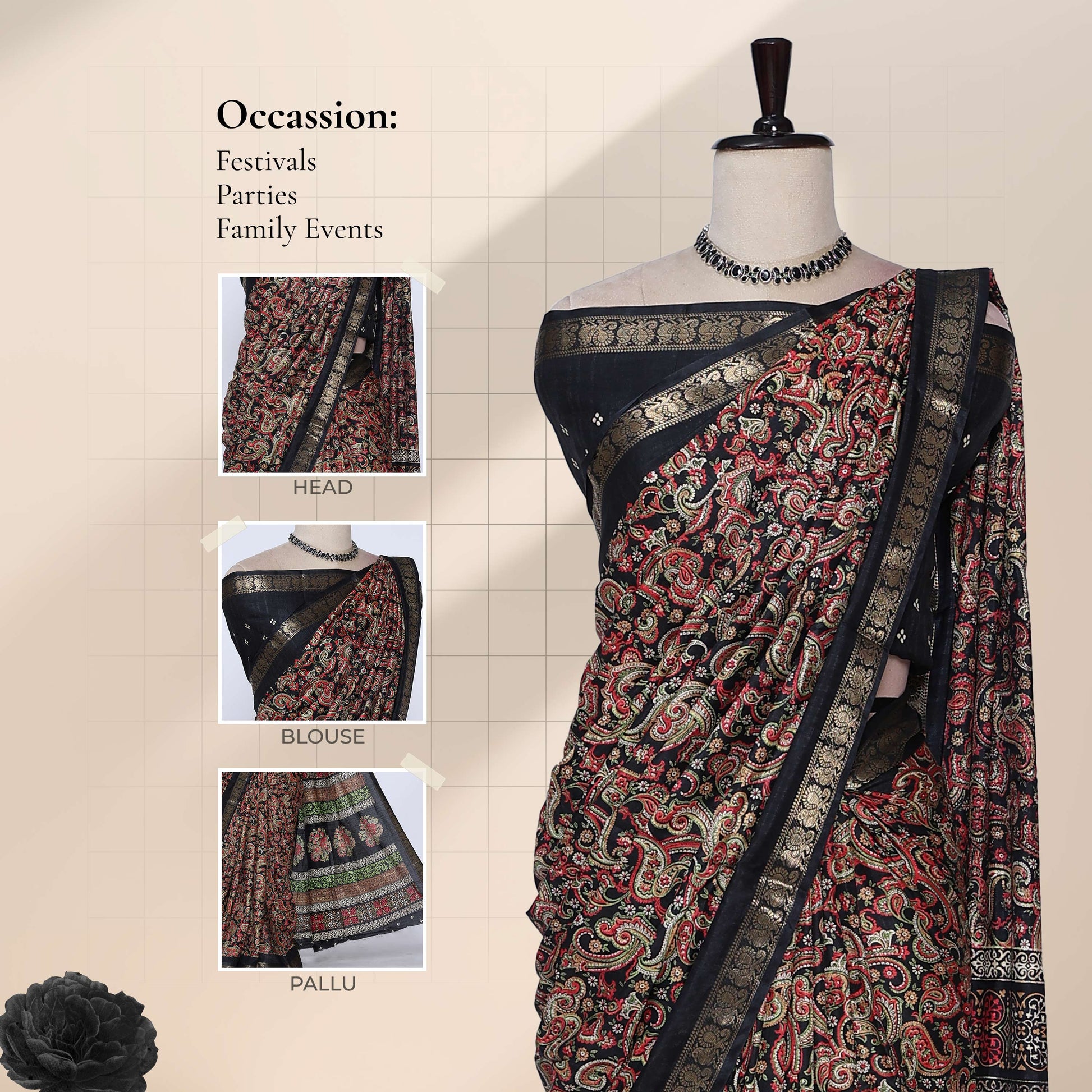 Art silk saree with intricate paisley print and gold zari border in black front draped mannequin view showcasing pallu and blouse