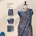 Art silk saree with intricate paisley print and gold zari border in blue front draped mannequin view showcasing pallu and blouse 