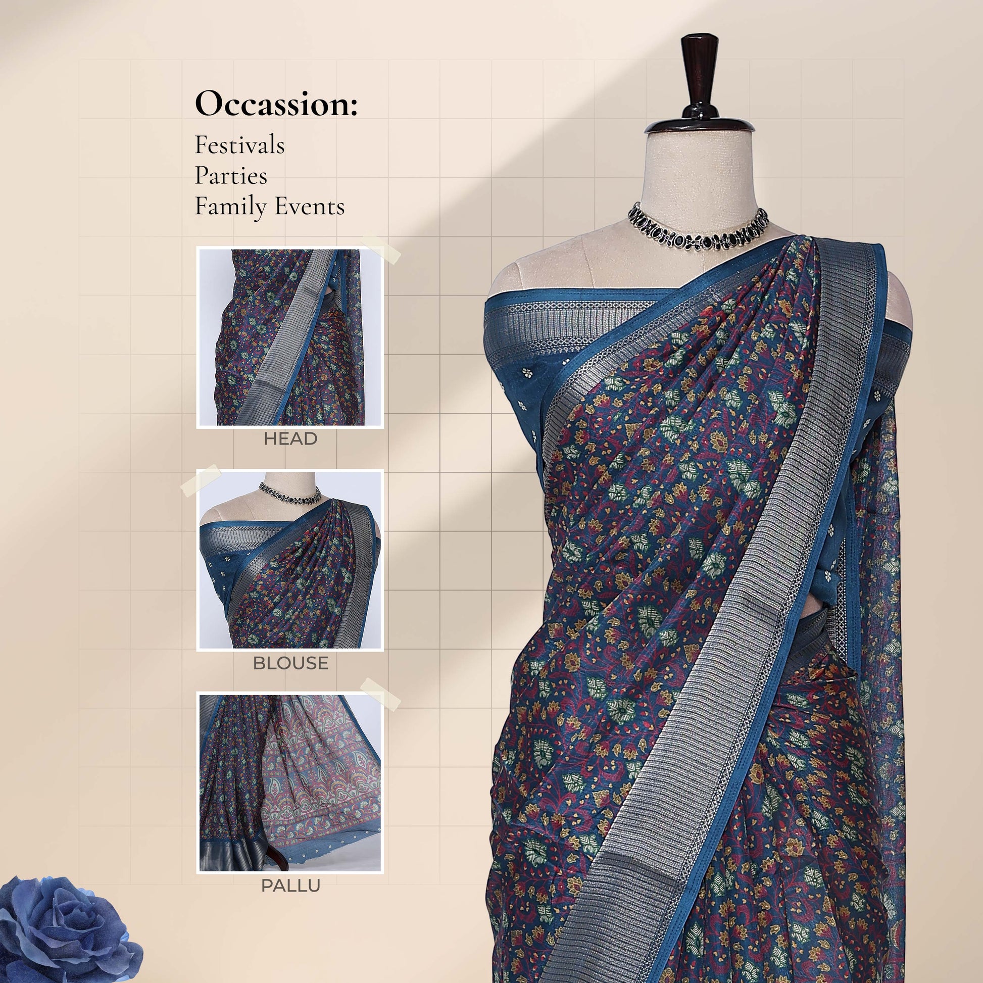 Art silk saree with floral vine jaal weave and silver zari striped border in blue front drape view on mannequin