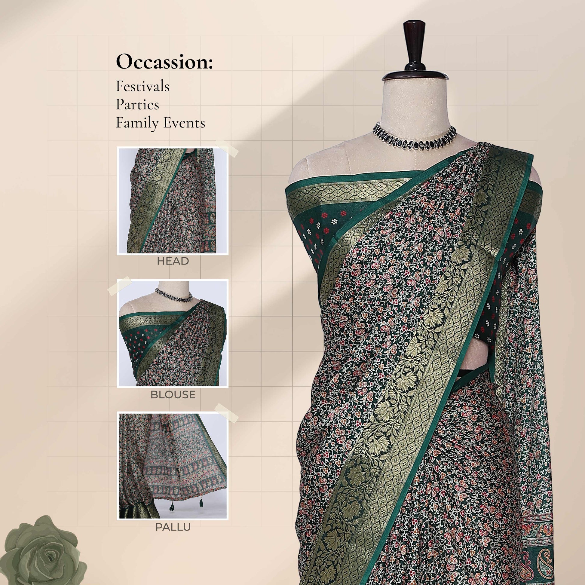 Green art silk saree with floral paisley jaal pattern and broad zari border front drape view on mannequin