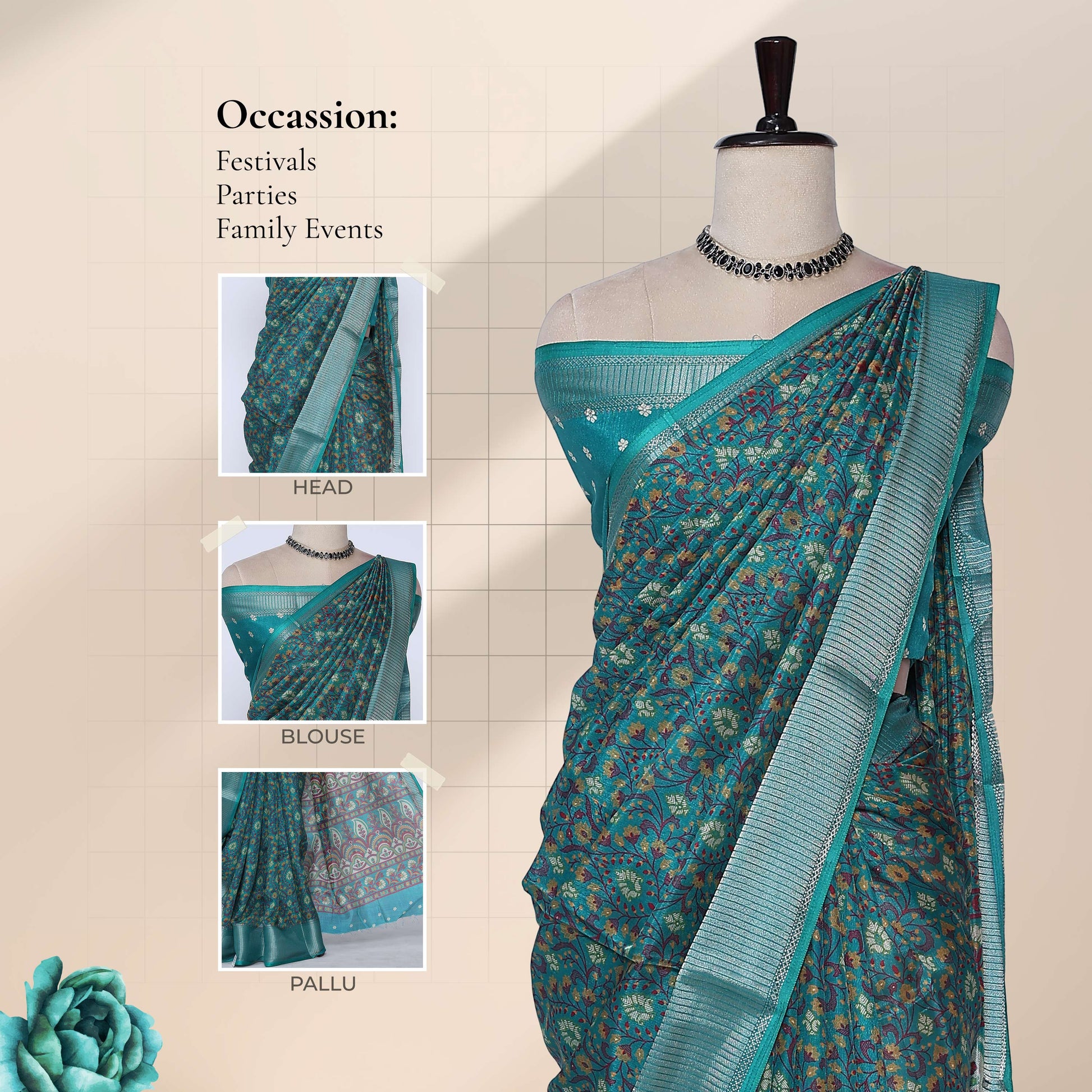 Art silk saree with floral vine jaal weave and silver zari striped border in green front drape view on mannequin