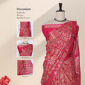 Art silk saree with intricate paisley print and gold zari border in pink front draped mannequin view showcasing pallu and blouse 