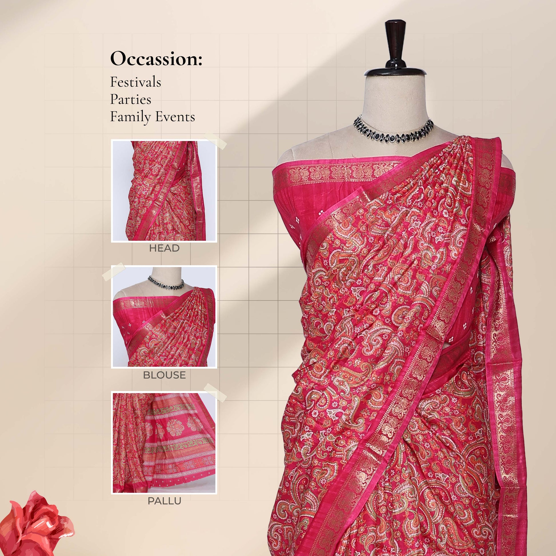 Art silk saree with intricate paisley print and gold zari border in pink front draped mannequin view showcasing pallu and blouse 