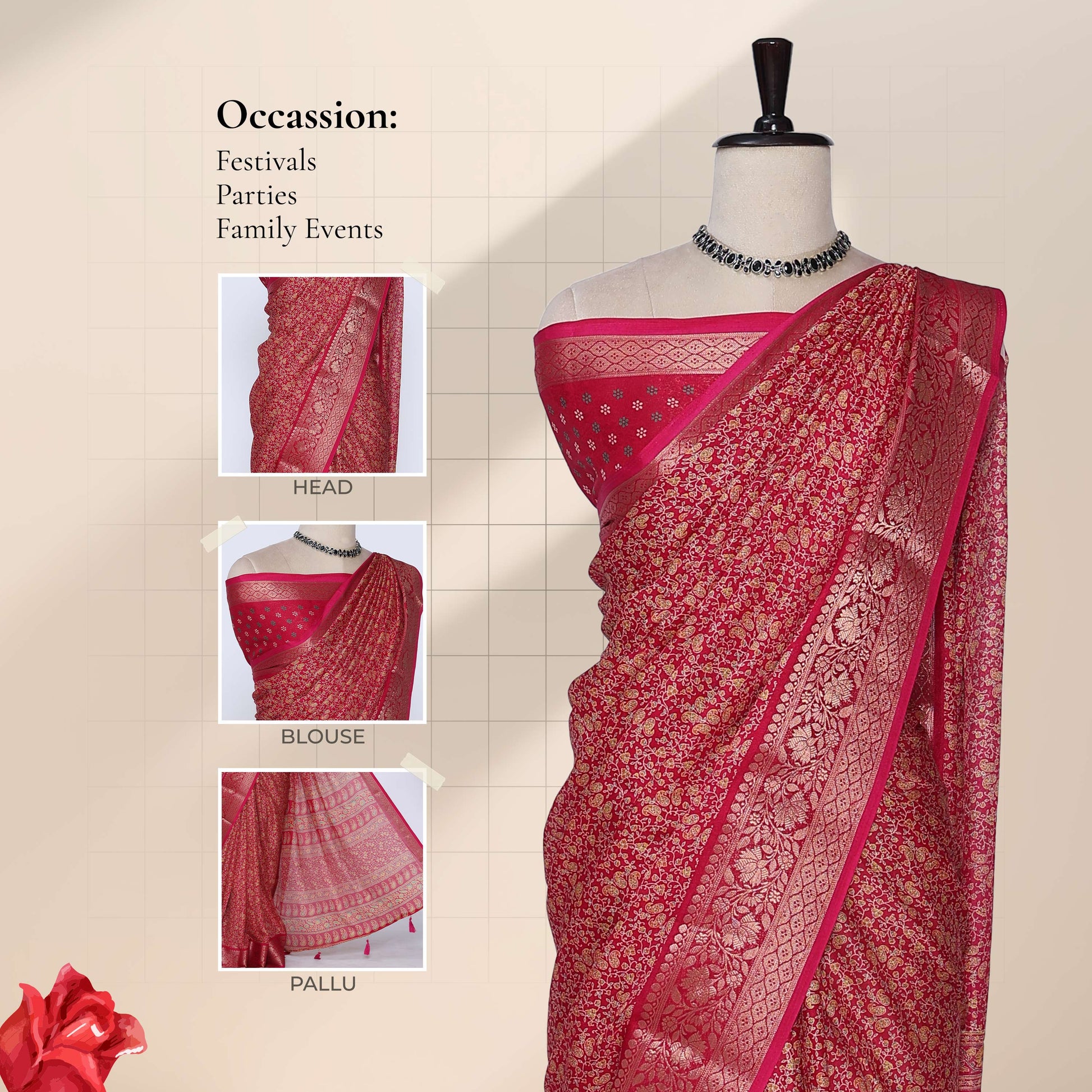 Pink art silk saree with floral paisley jaal pattern and broad zari border front drape view on mannequin
