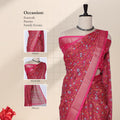 Art silk saree with floral vine jaal weave and silver zari striped border in pink front drape view on mannequin