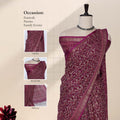 Art silk saree with intricate floral vine print and zari woven border in purple front draped mannequin view