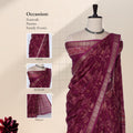 Art silk saree with floral woven motifs and zari border in purple front drape view on mannequin