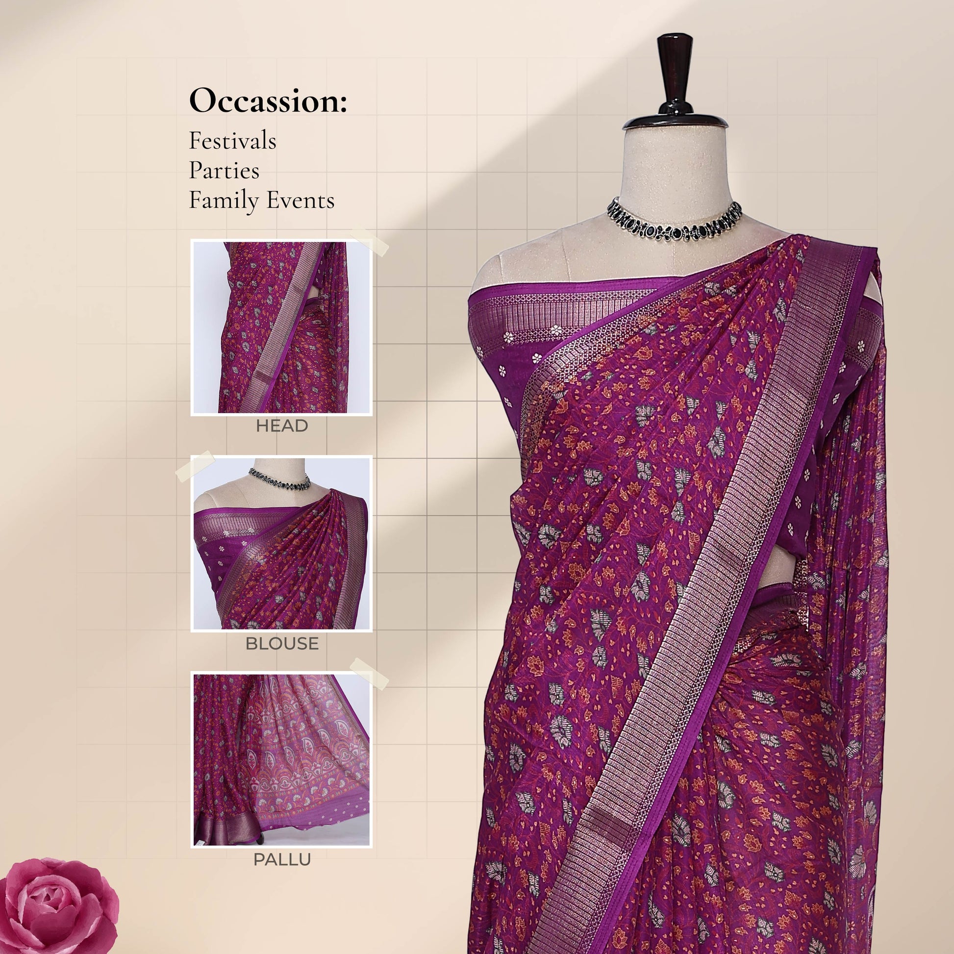 Art silk saree with floral vine jaal weave and zari striped border in purple front drape view on mannequin
