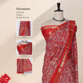 Art silk saree with intricate paisley print and gold zari border in red front draped mannequin view showcasing pallu and blouse 