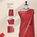 Art silk saree with intricate floral vine print and zari woven border in red front draped mannequin view