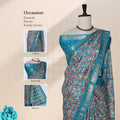 Art silk saree with intricate paisley print and gold zari border in teal front draped mannequin view showcasing pallu and blouse 