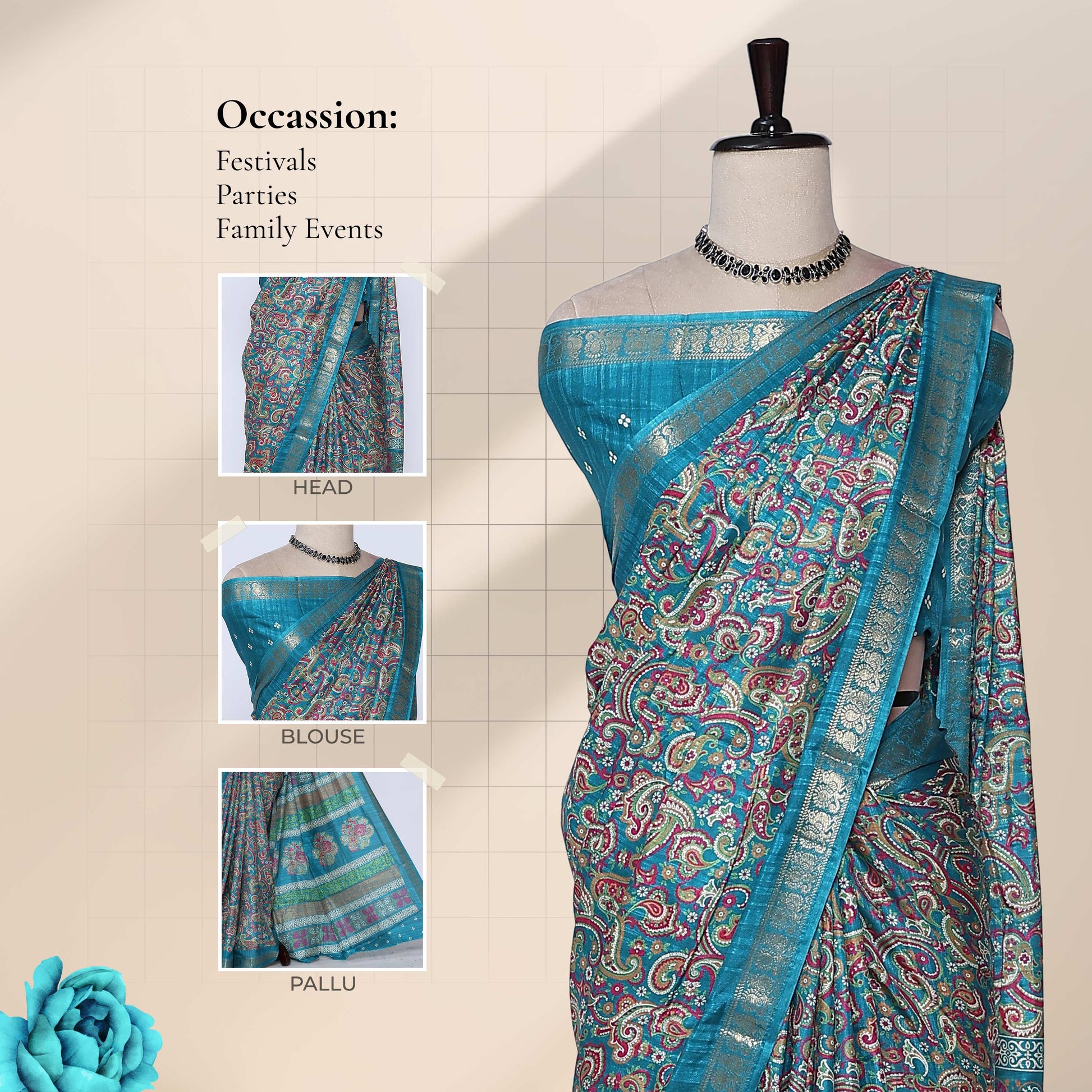 Art silk saree with intricate paisley print and gold zari border in teal front draped mannequin view showcasing pallu and blouse 