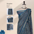 Art silk saree with intricate floral vine print and zari woven border in teal front draped mannequin view