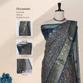 Teal art silk saree with floral paisley jaal pattern and broad zari border front drape view on mannequin