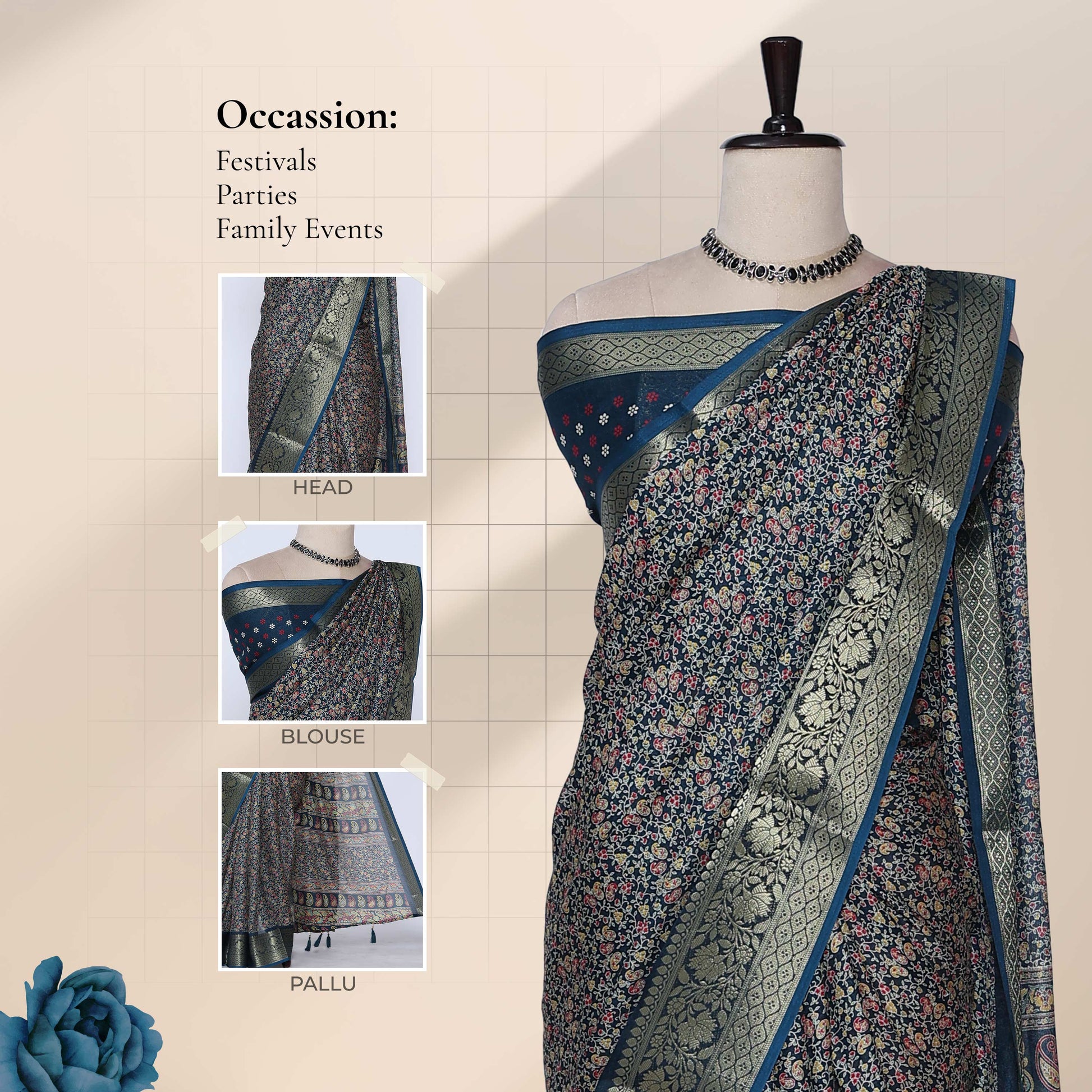 Teal art silk saree with floral paisley jaal pattern and broad zari border front drape view on mannequin