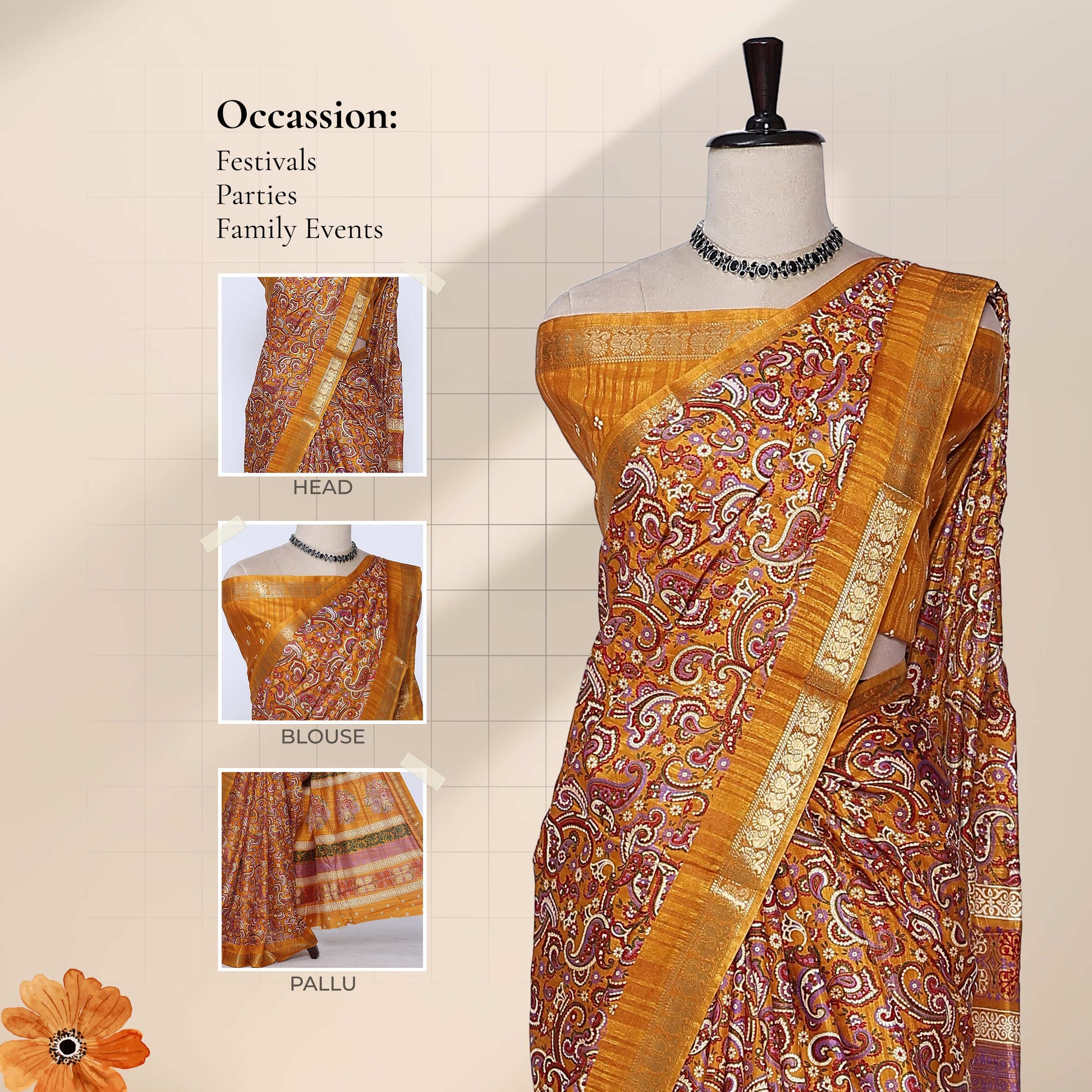 Art silk saree with intricate paisley print and gold zari border in yellow front draped mannequin view showcasing pallu and blouse 