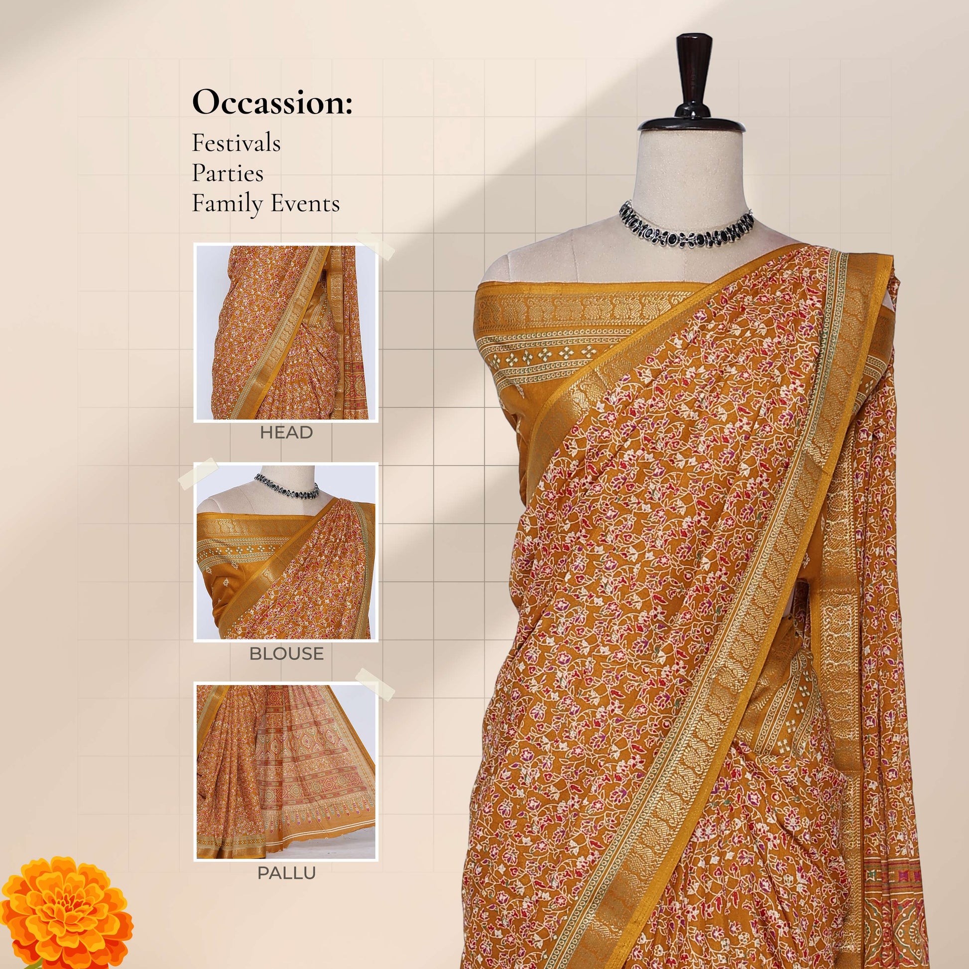 Art silk saree with intricate floral vine print and zari woven border in yellow front draped mannequin view