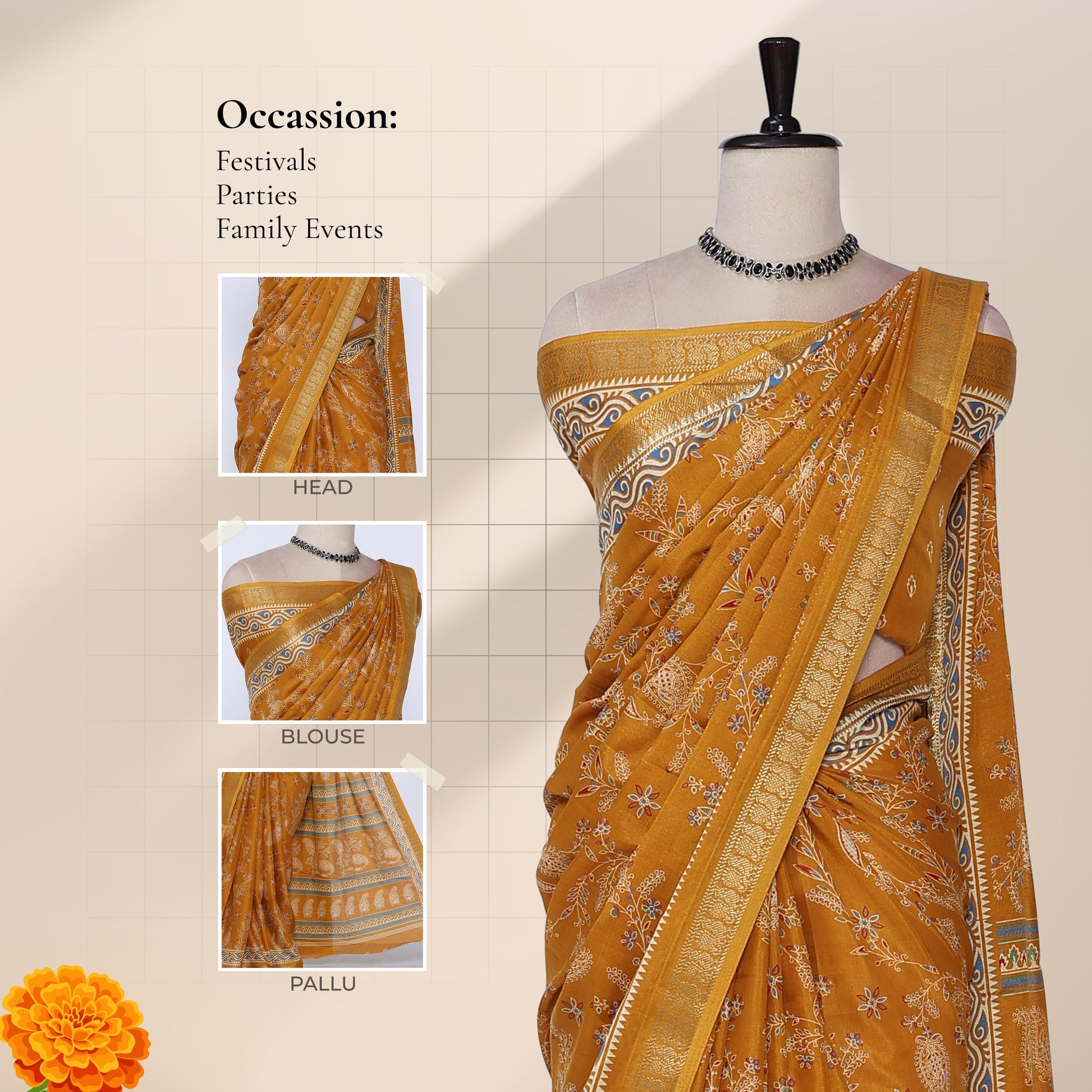 Art silk saree with floral woven motifs and zari border in yellow front drape view on mannequin