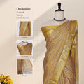 Yellow art silk saree with floral paisley jaal pattern and broad zari border front drape view on mannequin