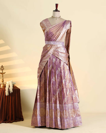 Women's Semi Stitched Dhavani Set with Floral Zari Work Pleated Skirt and Traditional Draped Design - Purple