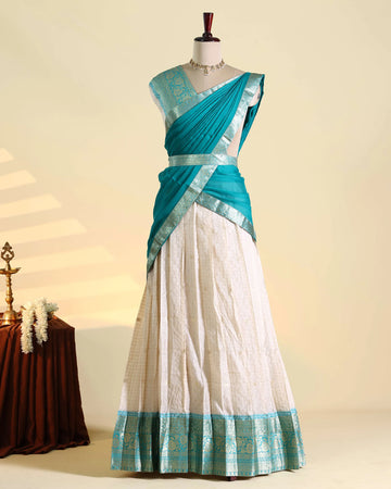 Women’s Semi Stitched Dhavani Set with Traditional Zari Woven Border Elegant Draped Dupatta and Flared Ethnic Skirt - Off White and Teal