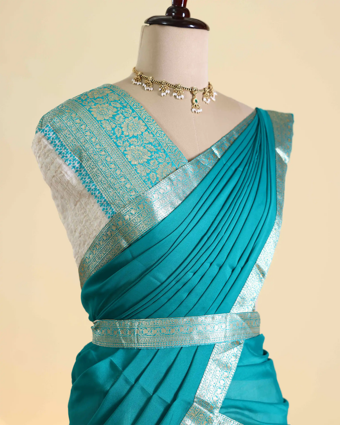 Women’s Semi Stitched Dhavani Set with Traditional Zari Woven Border Elegant Draped Dupatta and Flared Ethnic Skirt - Off White and Teal