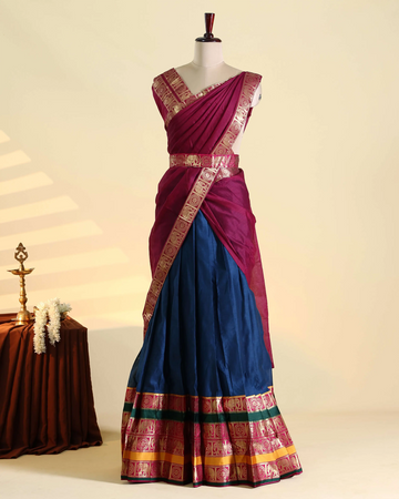 Women's Traditional Dhavani Semi Stitched Set with Zari Woven Border Pleated Skirt and Designer Draped Dupatta - Maroon & Navy