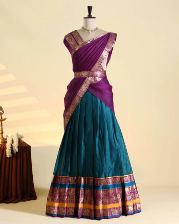 Women's Semi Stitched Dhavani Set with Zari Woven Border Pleated Skirt and Designer Draped Blouse - Purple & Teal